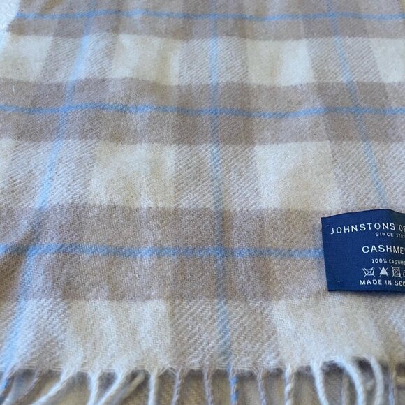Johnston's of Elgin 100% cashmere scarf Tan/Cream Plaid/Tartan Scotland-FABULOUS - Picture 6 of 7